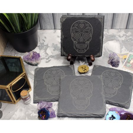 Set of 4 Slate Coasters with a Sugar Skull Design