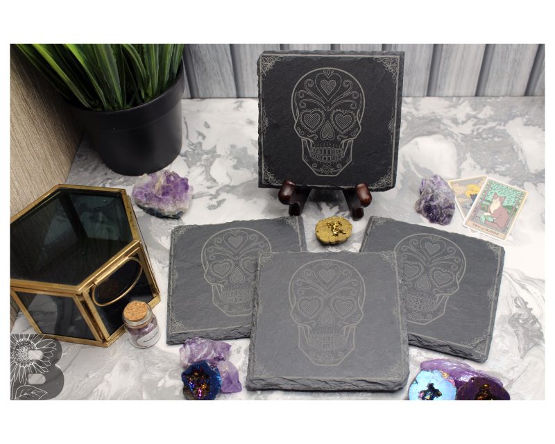 Set of 4 Slate Coasters with a Sugar Skull Design
