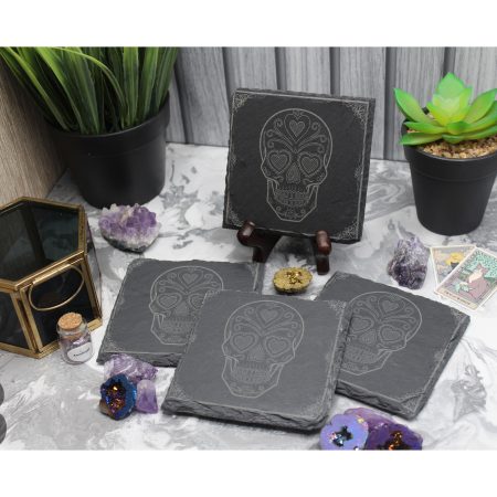 Set of 4 Slate Coasters with a Sugar Skull Design