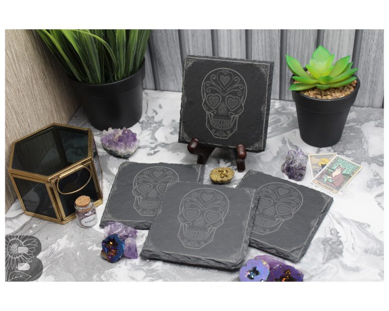 Set of 4 Slate Coasters with a Sugar Skull Design