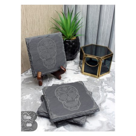 Set of 4 Slate Coasters with a Sugar Skull Design