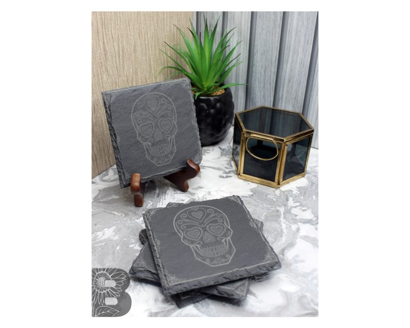 Set of 4 Slate Coasters with a Sugar Skull Design