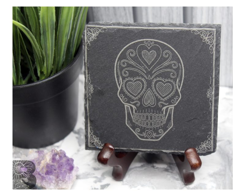 Set of 4 Slate Coasters with a Sugar Skull Design