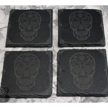 Set of 4 Slate Coasters with a Sugar Skull Design