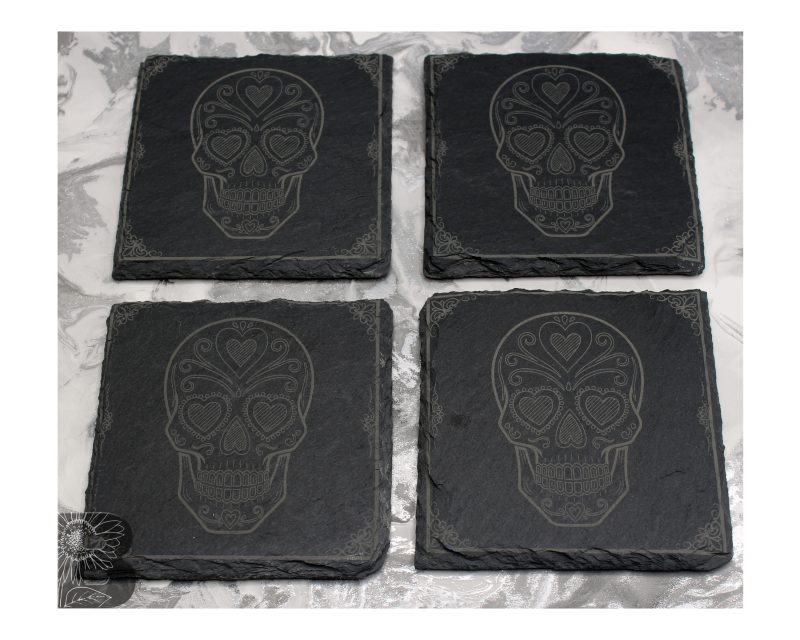 Set of 4 Slate Coasters with a Sugar Skull Design
