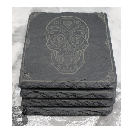 Set of 4 Slate Coasters with a Sugar Skull Design