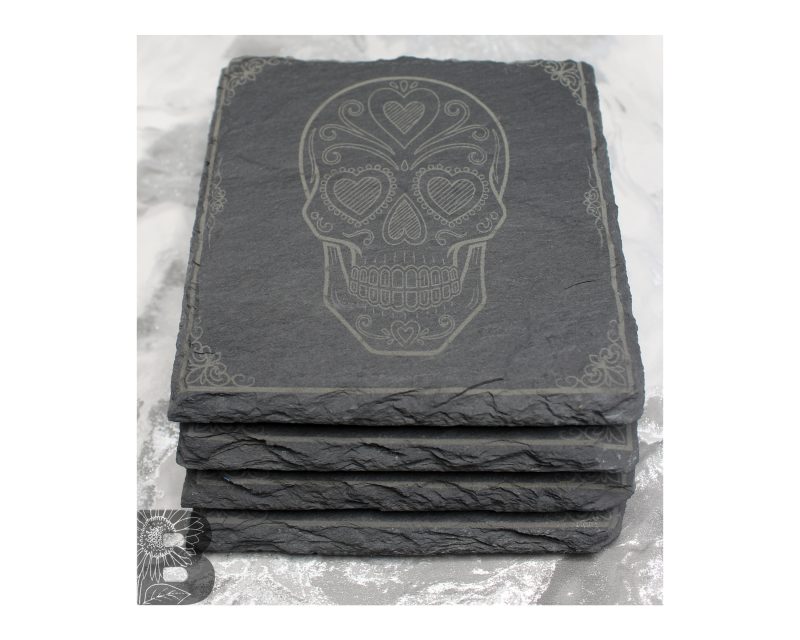 Set of 4 Slate Coasters with a Sugar Skull Design