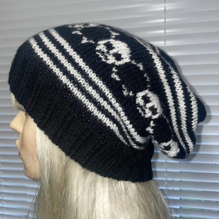 Hand knitted slouchy hat beanie black white skulls
