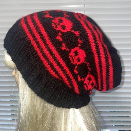 Hand knitted slouchy beanie hat black red stripe and skulls