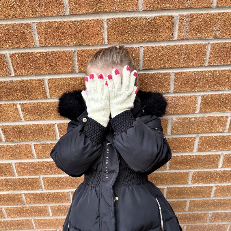 Hand-knitted cream sparkle gloves, children's size 5-6 years