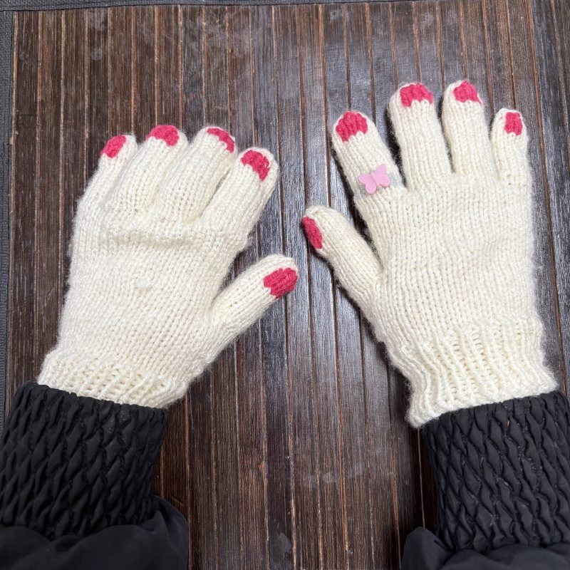 Hand-knitted cream sparkle gloves, children's size 5-6 years