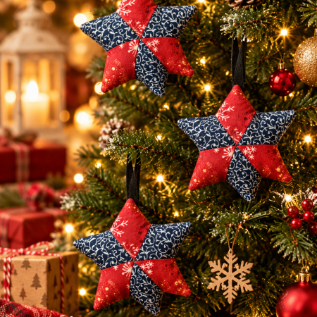 Handmade patchwork Christmas tree hanging star, 5 inch red and blue