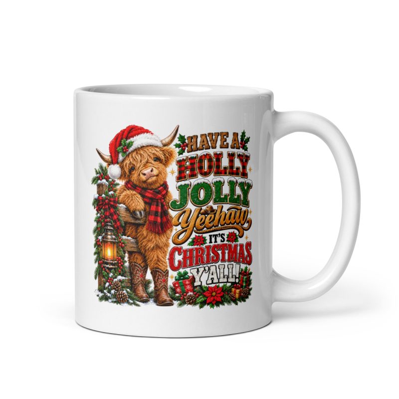 Highland Cow Christmas Mug – 11oz White Ceramic Funny Holly Jolly Yeehaw Festive Coffee Cup