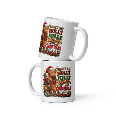 Highland Cow Christmas Mug – 11oz White Ceramic Funny Holly Jolly Yeehaw Festive Coffee Cup