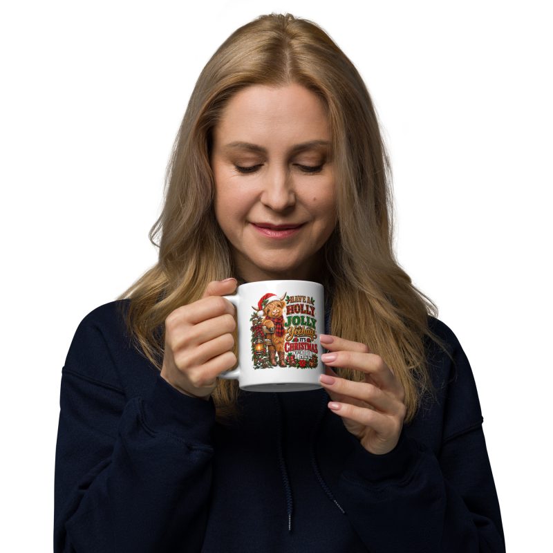Highland Cow Christmas Mug – 11oz White Ceramic Funny Holly Jolly Yeehaw Festive Coffee Cup
