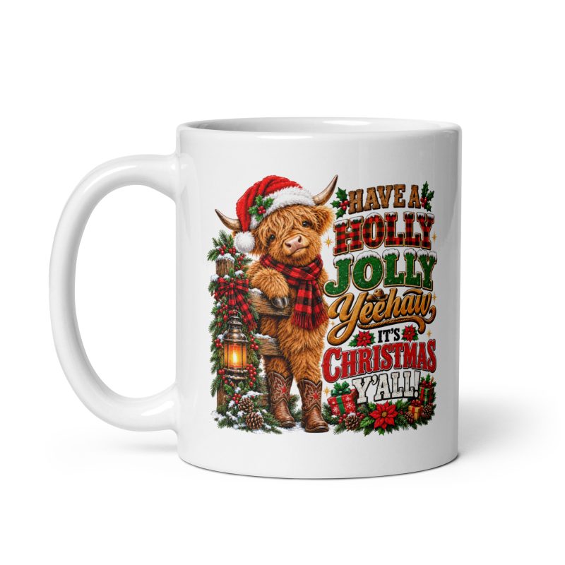 Highland Cow Christmas Mug – 11oz White Ceramic Funny Holly Jolly Yeehaw Festive Coffee Cup