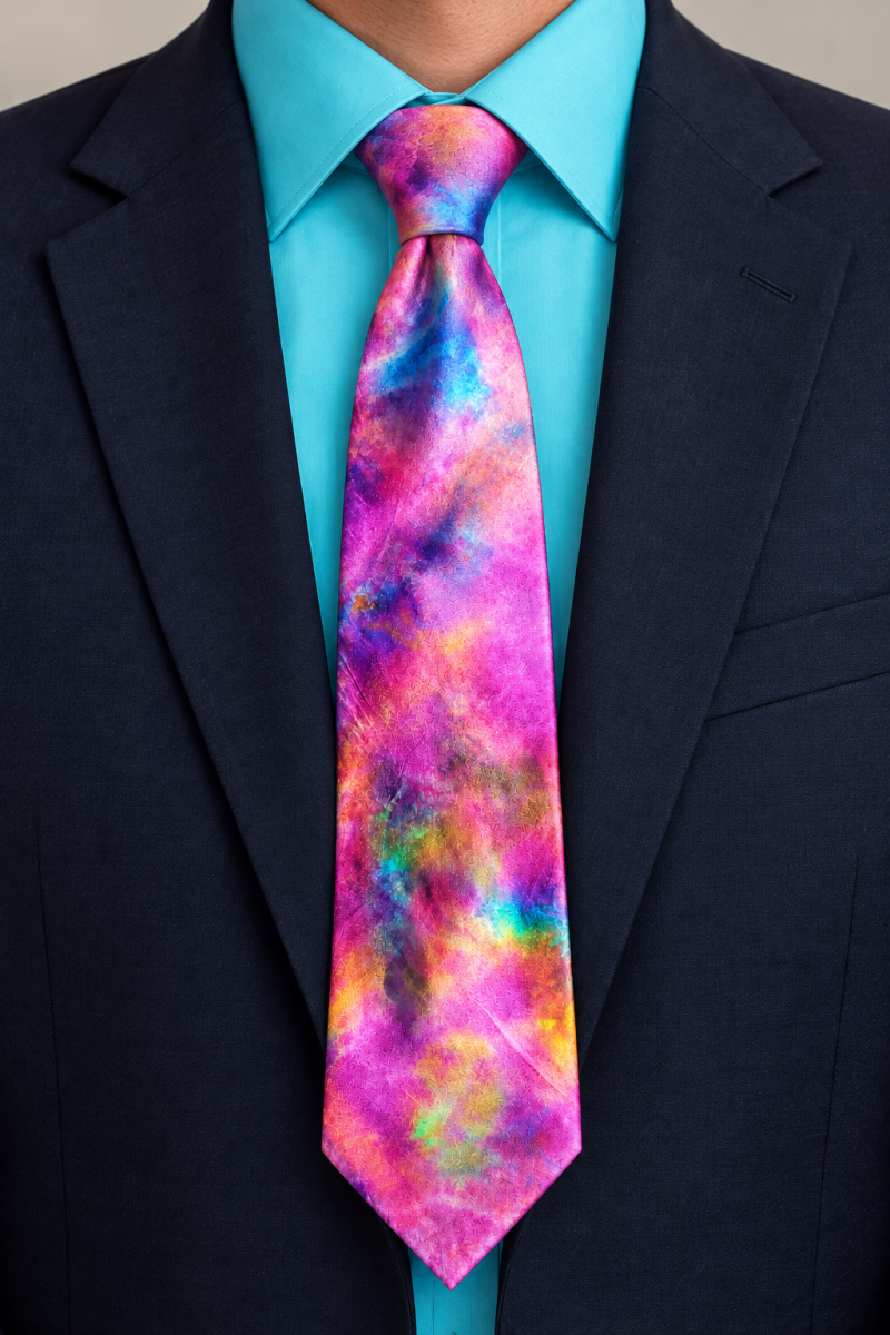 Hand Dyed Pure Silk Tie in Pink, Purple and Turquoise
