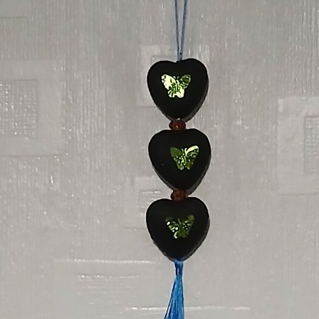 3 Hearts with golden/green sequins and colourful tassel