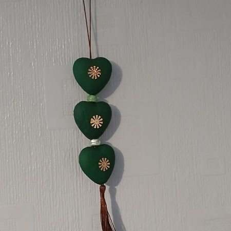 3 Hearts with golden/green sequins and colourful tassel