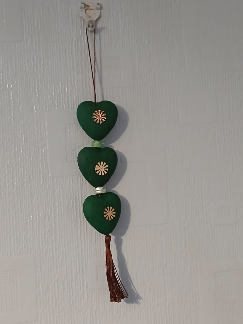 3 Hearts with golden/green sequins and colourful tassel