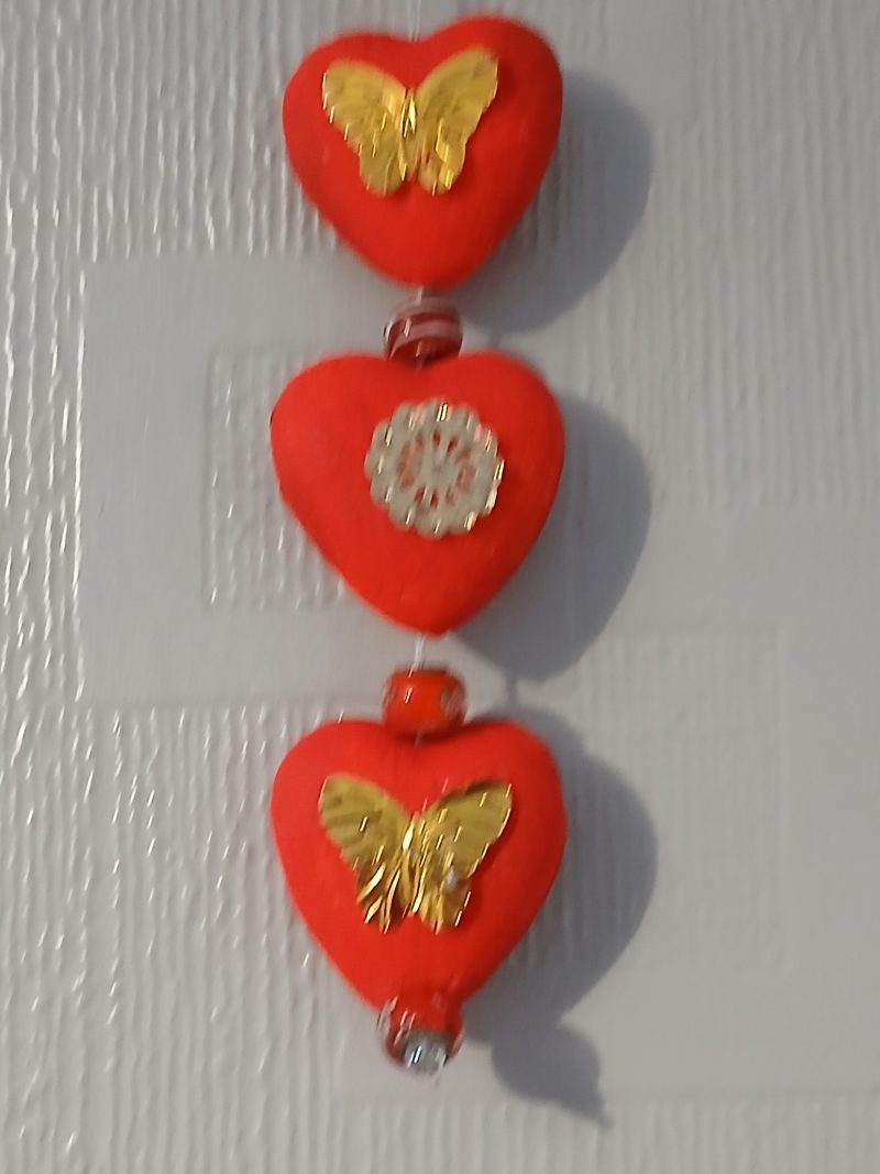 3 Hearts with golden/green sequins and colourful tassel