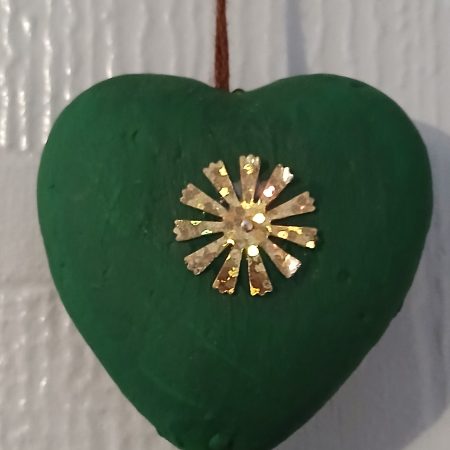 3 Hearts with golden/green sequins and colourful tassel