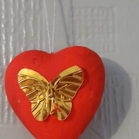 3 Hearts with golden/green sequins and colourful tassel