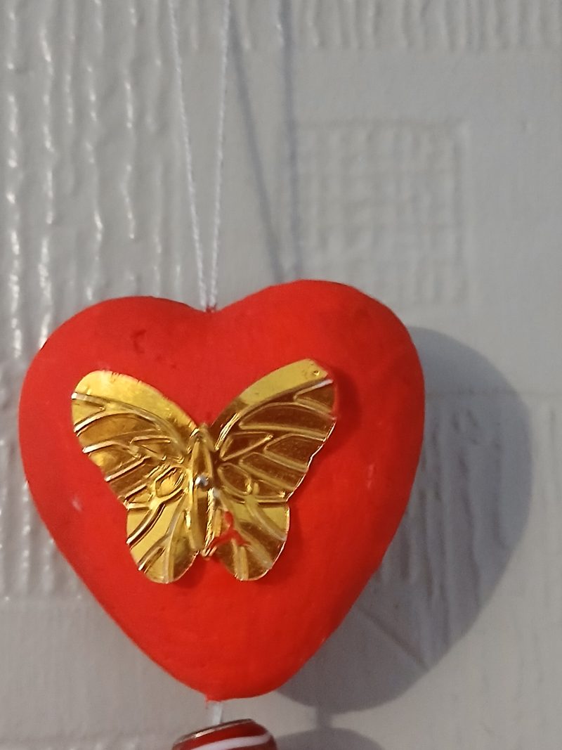 3 Hearts with golden/green sequins and colourful tassel