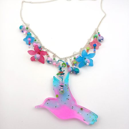 Hummingbird statement necklace pink and blue hues