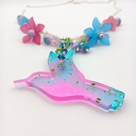 Hummingbird statement necklace pink and blue hues