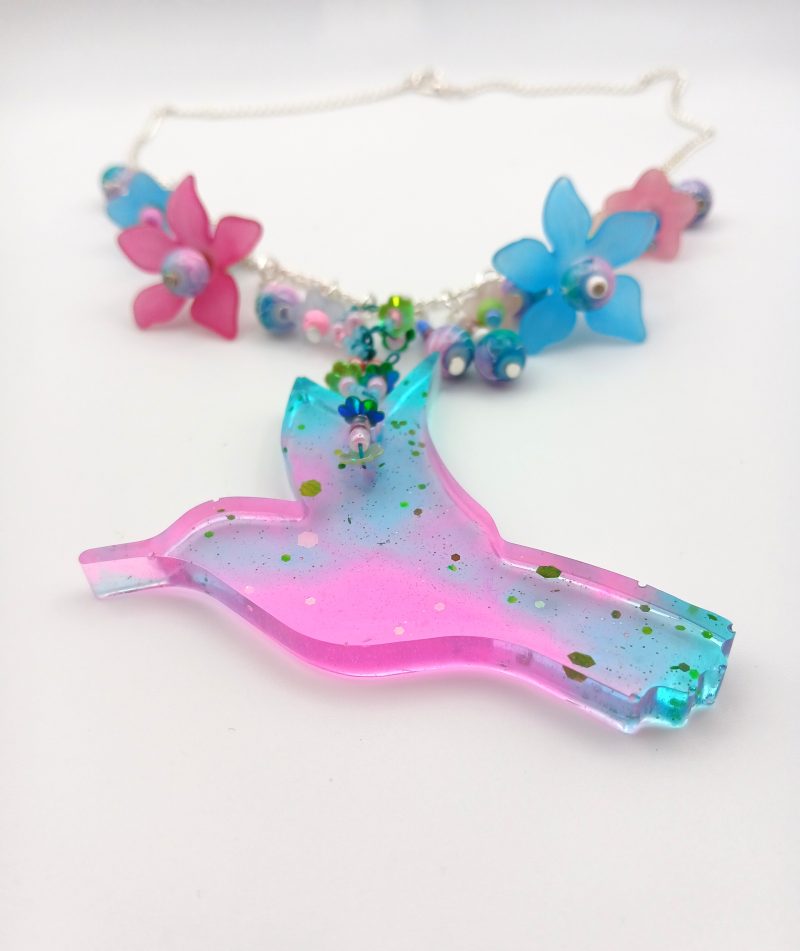 Hummingbird statement necklace pink and blue hues