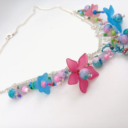 Hummingbird statement necklace pink and blue hues
