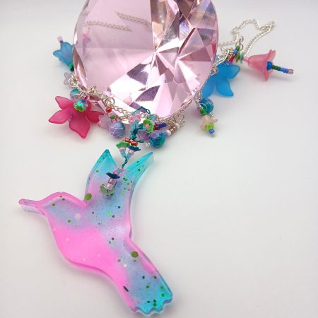 Hummingbird statement necklace pink and blue hues