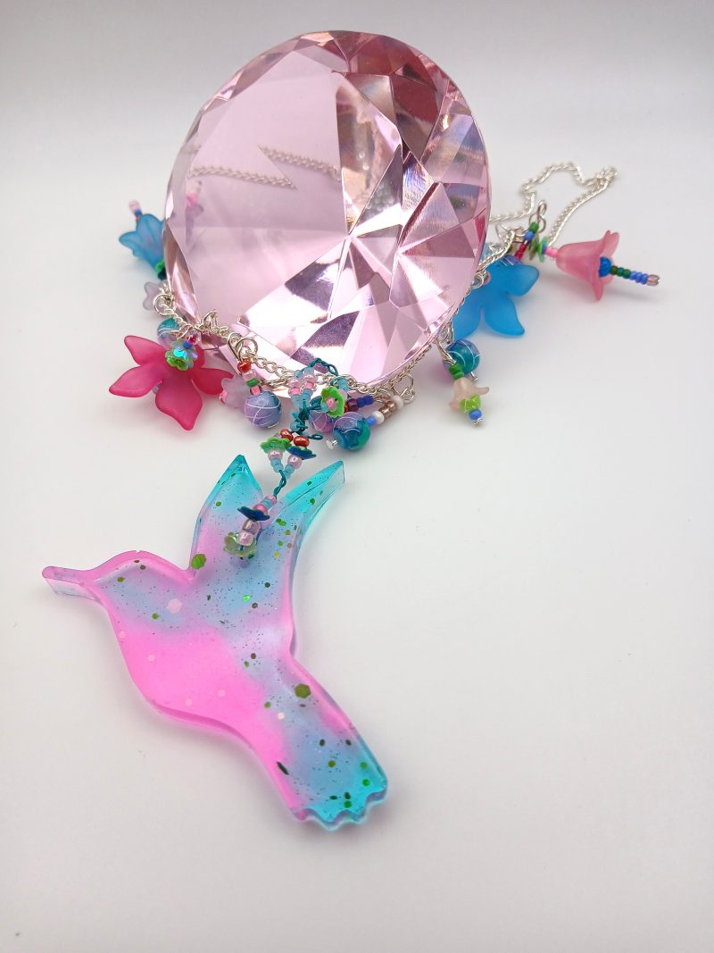 Hummingbird statement necklace pink and blue hues