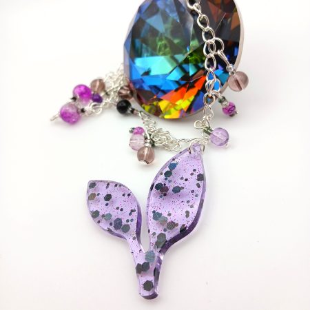 Purple glittery resin leaf charm necklace with beads