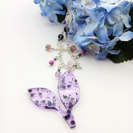 Purple glittery resin leaf charm necklace with beads