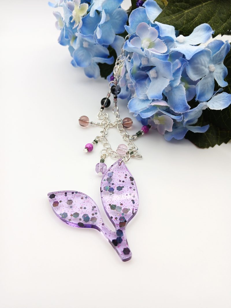 Purple glittery resin leaf charm necklace with beads