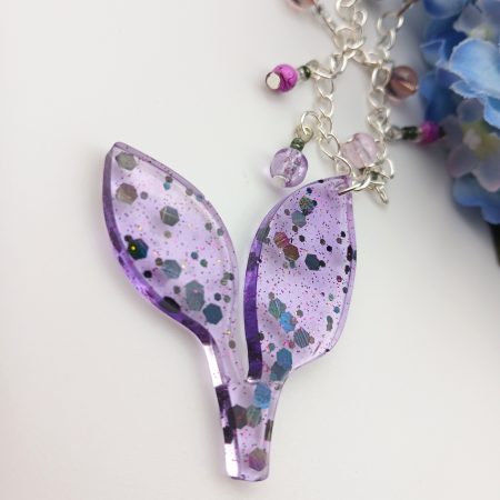 Purple glittery resin leaf charm necklace with beads