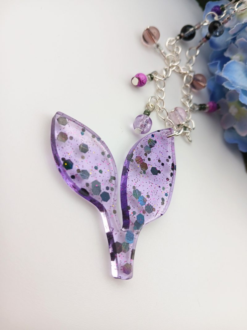 Purple glittery resin leaf charm necklace with beads