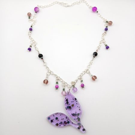 Purple glittery resin leaf charm necklace with beads