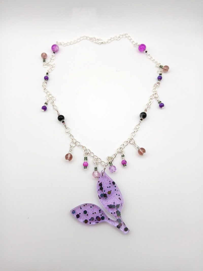 Purple glittery resin leaf charm necklace with beads