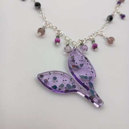 Purple glittery resin leaf charm necklace with beads