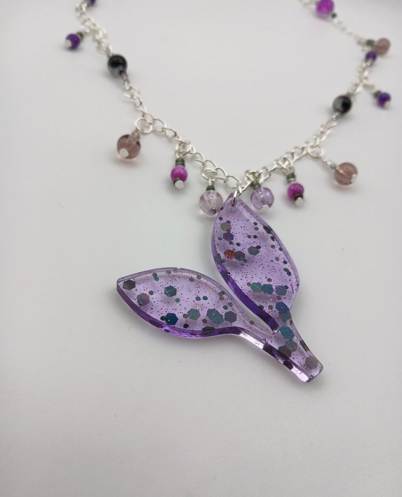 Purple glittery resin leaf charm necklace with beads