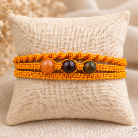 Energy & Vitality Adjustable Macramé Bracelet – Sunstone, Garnet & Tiger’s Eye
