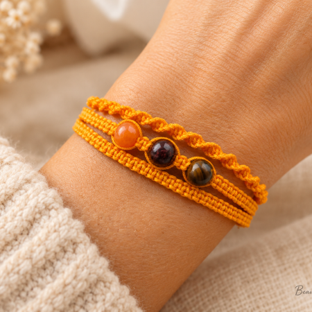 Energy & Vitality Adjustable Macramé Bracelet – Sunstone, Garnet & Tiger’s Eye