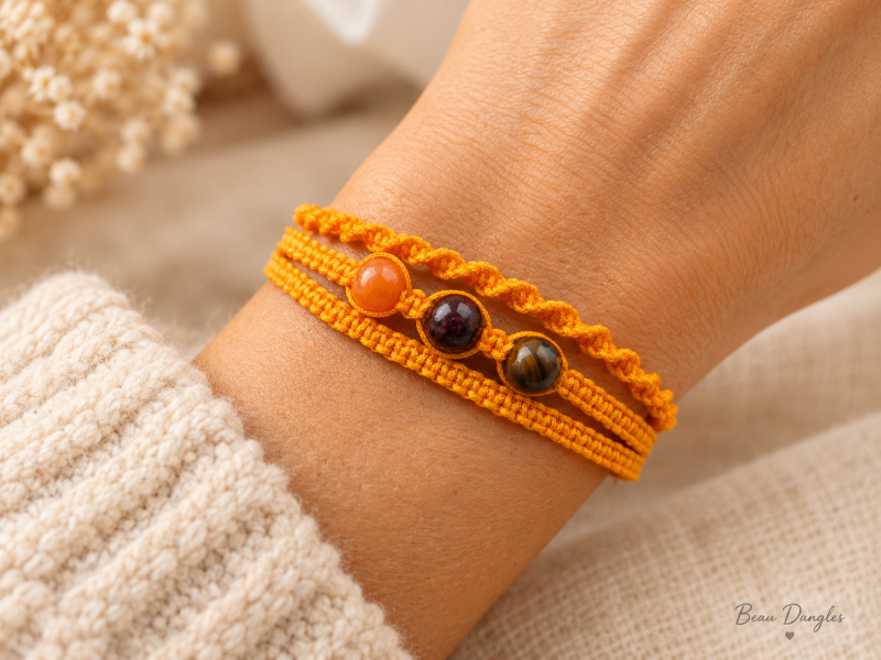 Energy & Vitality Adjustable Macramé Bracelet – Sunstone, Garnet & Tiger’s Eye