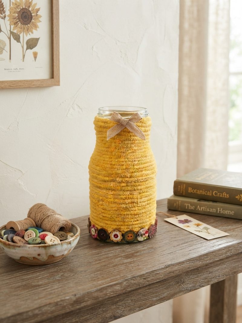 Mustard Yellow Yarn Wrapped Glass Jar Vase