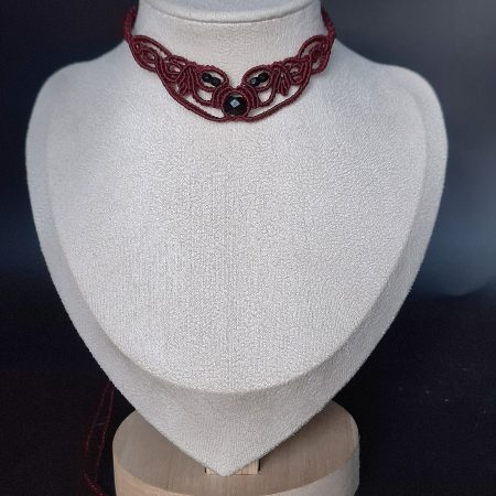 Maroon Macrame Choker Necklace with Black faceted glass beads