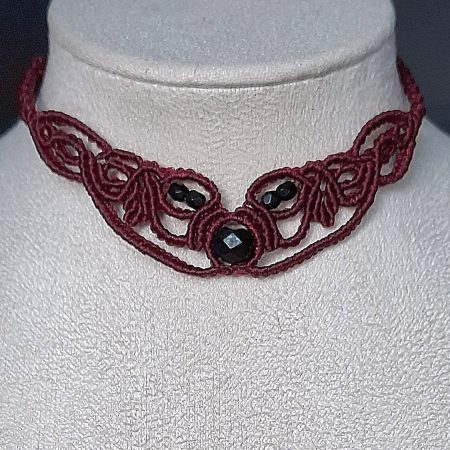 Maroon Macrame Choker Necklace with Black faceted glass beads