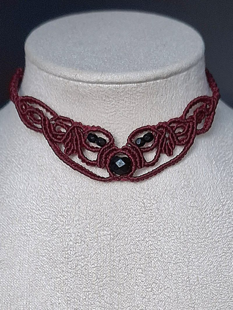 Maroon Macrame Choker Necklace with Black faceted glass beads